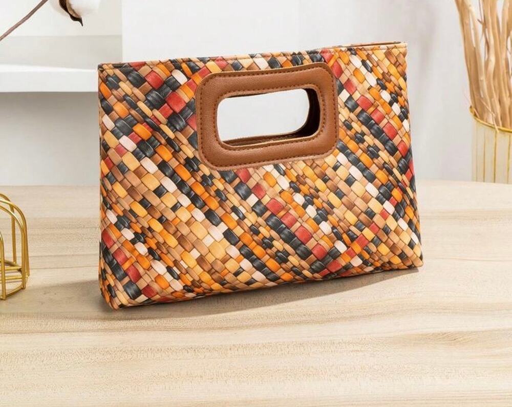 Revolve Nwt Woven Print Cutout Handle Clutch Multicolor Envelope Evening Boho
